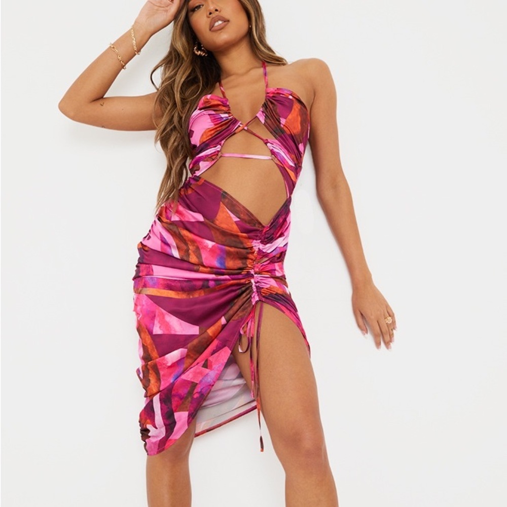 Pink Printed Satin Lace Up Cut Out Ruched Skirt Midi Dress